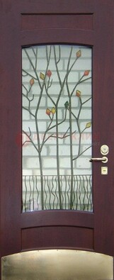 Бордовая стальная дверь с витражом и декоративным элементом ВЖ-3 в Можайске